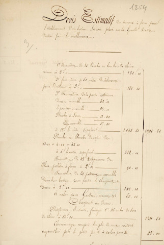 Construction d'un bateau-lavoir public sur la Sarthe, plan, coupe et élévations (, éch : 1/50, 12 décembre 1854).