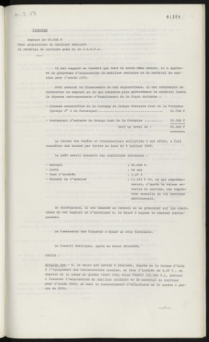 Emprunt de 85 000 F pour acquisition de mobilier scolaire et matériel de cantines auprès de la C.A.E.C.L.