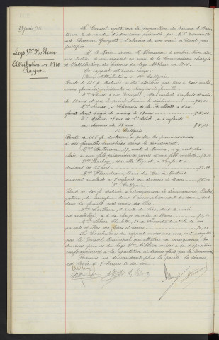 Assistance aux familles nombreuses, admissions nouvelles. Legs Veuve Noblesse, attribution en 1916 rapport