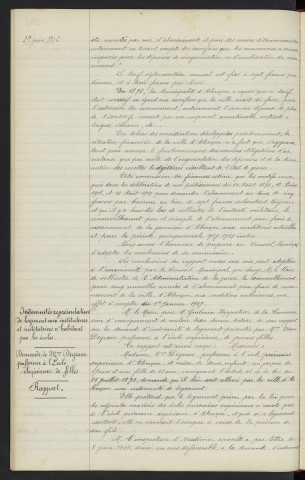 Frais de casernement, renouvellement de l'abonnement, rapport. Indemnités représentatives de logement aux instituteurs et institutrices n'habitant pas les écoles, demande de Mme DEGRAVE professeur à l'école supérieure de filles, rapport