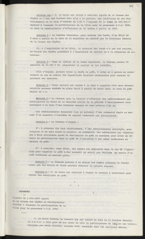 Emprunt de 400 000 F auprès de la caisse des dépôts et consignations destiné à financer la participation de la ville pour le programme Z.I.N. 1966. Emprunt de 1000 000 F auprès de la caisse des dépôts et consignations destiné à financer la participation de la ville pour le programme Z.U.P. 1966 .