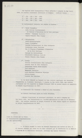 Personnel, modification du classement indiciaire de certains emplois communaux d'exécution. Personnel, prise en charge par la ville de consultations complémentaires par des spécialistes.