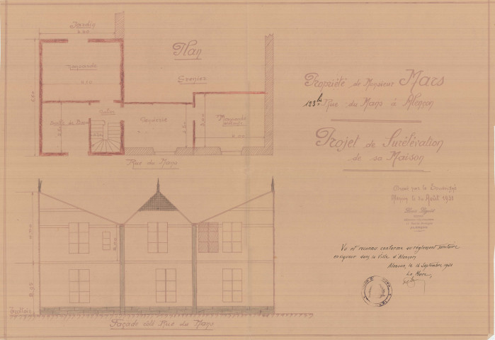 permis de construire n°9, Surélévation d'une maison d'habitation Rue du Mans Alençon, (date de décision : 1931), (auteur du projet, architecte : LEGOUT Louis(expert métreur)).