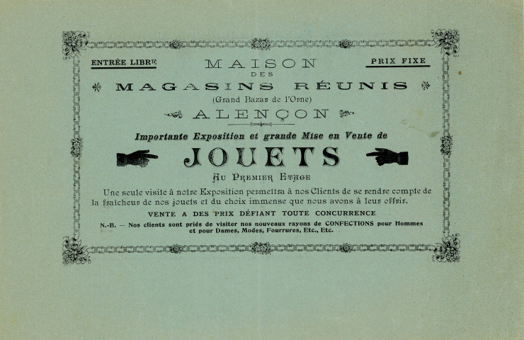 Maison des Magasins Réunis, le grand bazar Alençon, exposition de jouets et articles pour étrennes, communication : télégramme publicitaire, encart publicitaire.
