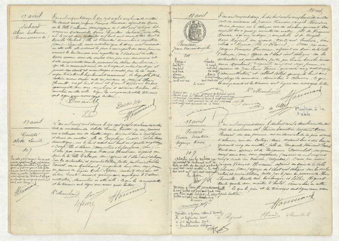 Reconnaissance de SUHARD Aline Emilienne (17 avril 1912),acte de naissance de GUEDE Odette Louise (17 avril 1912),acte de naissance de RONSIN Jeanne Francine Angèle (18 avril 1912)acte de naissance de PAVARD Thérèse Ernestine Suzanne Marie (18 avril 1912).