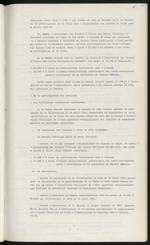 Enseignement, participation de la ville dans l'organisation de classe de neige, versement à l'association des parents d'Elèves des écoles publiques de Montsort.