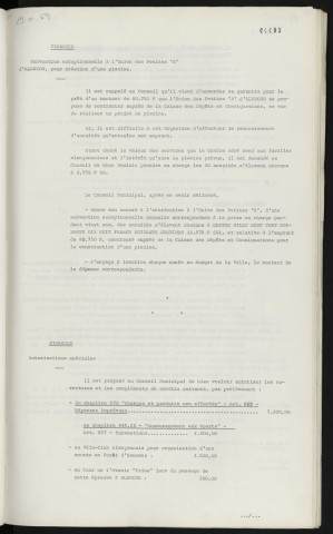 Finances, subvention exceptionnelle à l'Union des Petites A d'Alençon, pour création d'une piscine. Finances, autorisations spéciales.