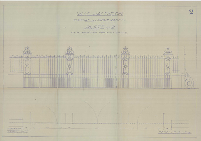 Les Promenades, porte 2 rue des Promenades, côté école Normale clôture, élévation, plan, coupe, (arch : A. Eschbaercher, ech : 0.05, n°2, date : 1940).