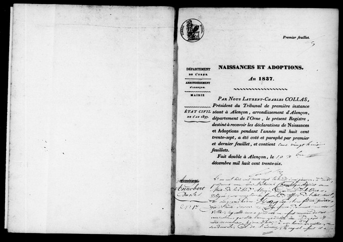 Registre des actes de naissance et adoption (1837).