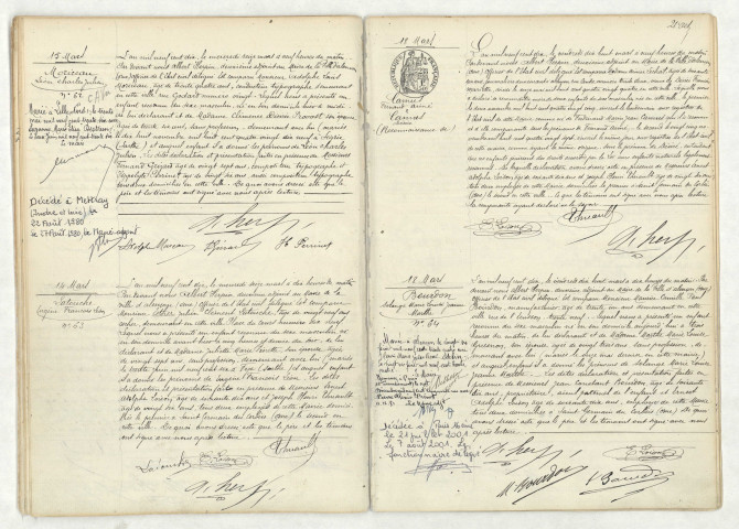 Acte de naissance de MORICEAU Léon Charles Julien (15 mars 1910),acte de naissance de LATOUCHE Eugène François Léon (14 mars 1910),reconnaissance de CAMUS Fernand Aimé (18 mars 1910),reconnaissance de CAMUS Désiré (18 mars 1910),acte de naissance de BOURDON Solange Marie Louise Jeanne Marthe (18 mars 1910).