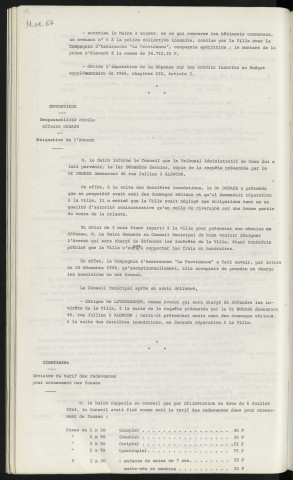 Secteur D, acquisition des terrains , parcelle cadastrée section ZA n°18, appartenant à Mme ROUSSEAU Simone née BERTIAU domicile à Hesloup, parcelle cadastrée section ZA n°19 appartenant à Mr BERTIAU Raymond domicile 57 rue de Villeneuve Alençon, parcelle cadastrée section ZA n°20 appartenant à Mr BERTIAU Marcel domicile 52 rue de Villeneuve Alençon. Contentieux, responsabilité civile affaire du docteur DUHAZE demeurant 46 rue Jullien Alençon, désignation de l'avocat Mme LEVASSEUR. Cimetières, révision du tarif des redevances pour creusement des fosses.