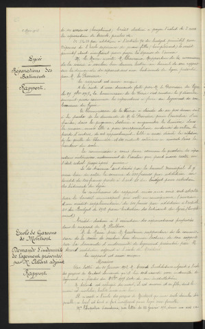 Budget de 1917, vote de crédits supplémentaires. Lycée , réparation des bâtiments, rapport. Ecole de garçons de Monsort, demande d'indemnité de logement présenté par Mr ACCART adjoint, rapport