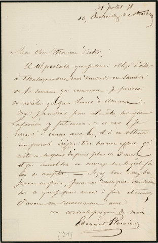 Lettre autographe signée de l'écrivain Edouard Plouvier à l'acteur Adolphe Laferrière (1858).