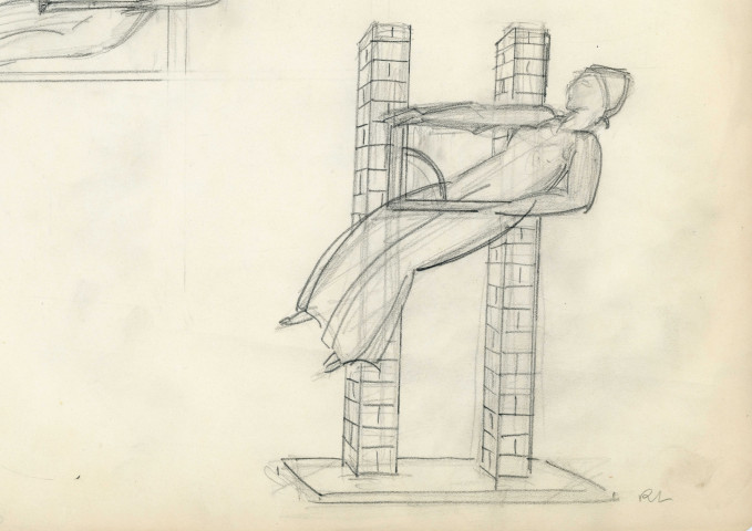 « La connaissance», 2 esquisses tenant des équerres, au trait (graphite sur papier) (René Letourneur, monogrammé en bas à droite RL) (31cm x 23cm)