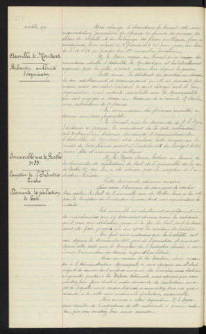 Ateliers de charité, demande d'augmentation de salaire. Assemblée de Monsort, subvention au comité d'organisation. Immeuble Rue de Sarthe n°35, comptoir de l'industrie linière demande de résiliation de bail