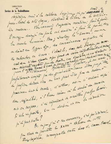 Conférence "La civilisation écrite" donnée à la radio "Paris Mondial" par Gaston Rageot : notes manuscrites (décembre 1939).