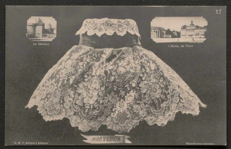 Point d'Alençon, Le Château, l'Hôtel de Ville, carte postale ancienne noir et blanc n°27, A.M.F éditeur, (sd), (14x9), AMA.
