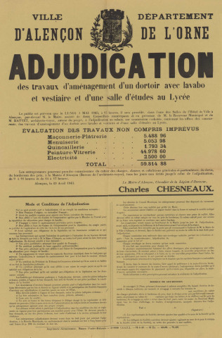 Lycée, adjudication des travaux d'aménagement d'un dortoir avec lavabos et vestiaires et d'une salle d'étude, affiche, (19 avril 1943), Imprimerie alençonnaise Poulet-Malassis.