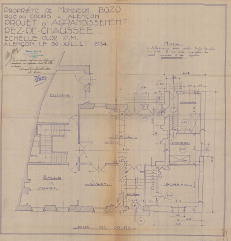 permis de construire n°29, Agrandissement d'une maison d'habitation Rue Cours Alençon, (date de décision : 1934), (auteur du projet, architecte : MEZEN Albert).