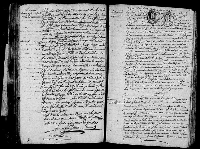 Acte de naissance de LECANU Marie Hyacinthe Antoinette (9 avril 1795),acte de naissance de BRETONNEL Michel Marin (12 avril 1795),acte de naissance de TESSIER Marie Eulalie (12 avril 1795).