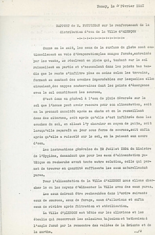 Renforcement de la distribution d'eau de la ville d' Alençon, recherche de nouvelles sources, sources de Cuissai et de Colombier : rapport de M. Petitjean (21 février 1931) (copie).