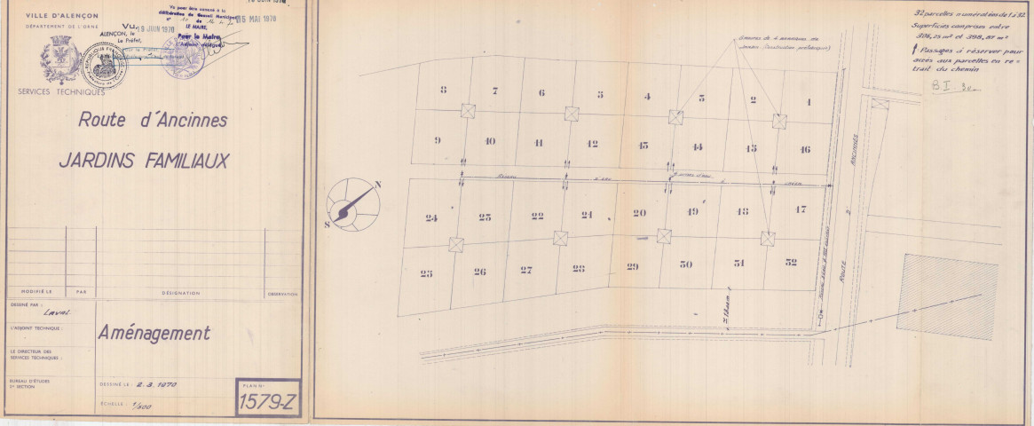 Jardins familiaux Route d'Ancinnes, aménagement (Services techniques, éch.1/500, 02/03/1970, modifié le 02/04/1970, le 06/05/1970, n°1579-Z) (70.5 x 29.5)