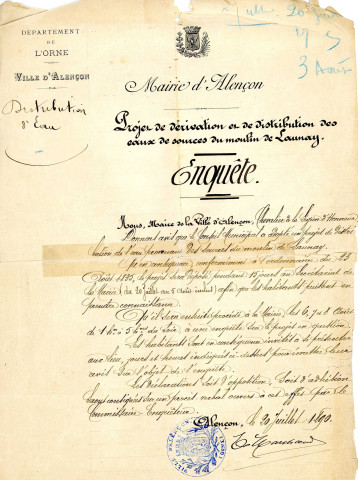 Projet de distribution en eau potable de la ville d'Alençon, dérivation des eaux de sources du Moulin de Launay (1890) : enquête publique.