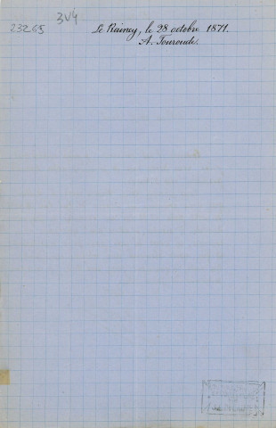 Lettre autographe signée de l'écrivain Alfred Edouard Touroude à l'acteur Adolphe Laferrière (28 octobre 1871).