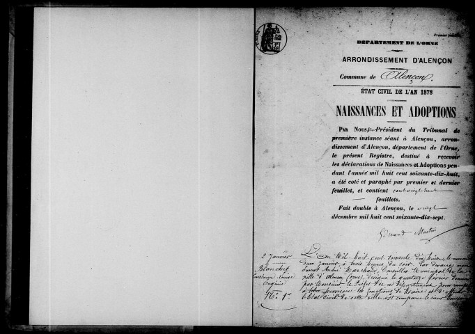 Registre des actes de naissance et adoption.