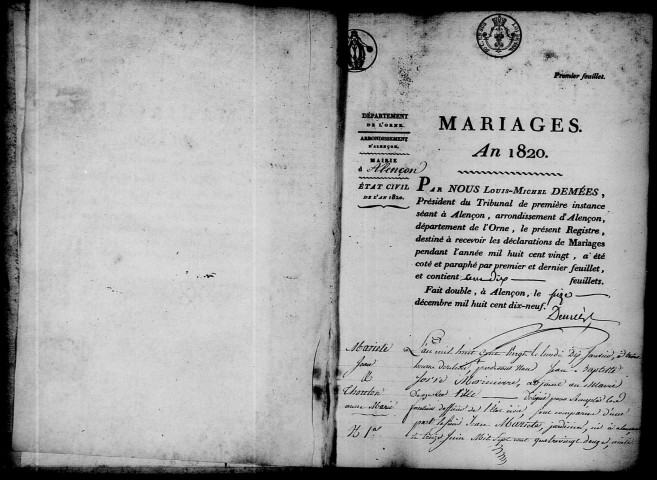 Registre des actes de mariage (1820).