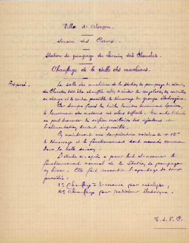 Adduction complémentaire d'eau potable pour la ville d'Alençon, étude sur le chauffage de la salle des machines de la station de pompage du forage n°1 chemin des Planches : rapport, notes, références