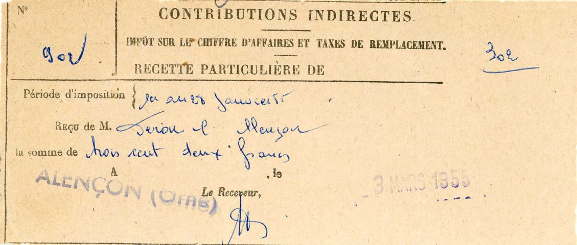 Contributions indirectes : reçu n°902 pour la somme de 302 francs de FERON (3 mars 1955).