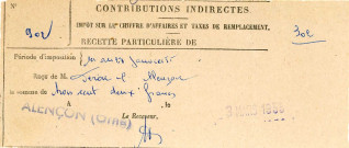 Contributions indirectes : reçu n°902 pour la somme de 302 francs de FERON (3 mars 1955).