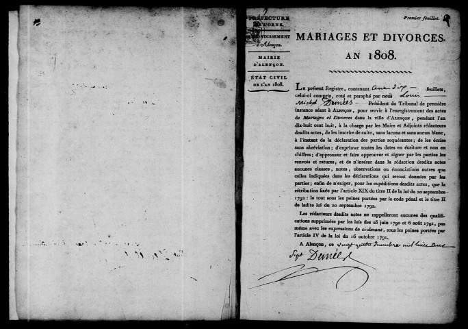 Registre des actes de mariage et divorce (1808).