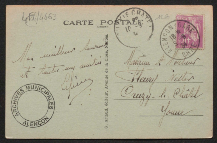 Alençon (Orne), La gare, carte postale ancienne noir et blanc n°5, G. Artaud éditeur, Nantes, (date d'utilisation : 10 septembre 1934), (14x9),AMA.