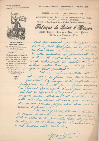 Point d'Alençon, demande de crédit pour perpétuer l'industrie dentelière plutôt que d'investir dans la création d'un musée de dentelles : correspondance de G. Huignard (directeur de la fabrique de Point d'Alençon et président de la "Ruche dentellière").
