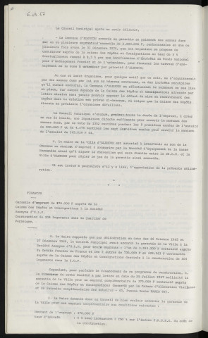 Finances, garantie d'un emprunt de 2 000 000 F auprès du groupement interministériel contracté par la S.E.B.N. Finances, garantie d'un emprunt de 370 000 F auprès de la caisse des dépôts et consignations à la société anonyme d'H.L.M., construction de 104 logements dans le quartier de Perseigne.
