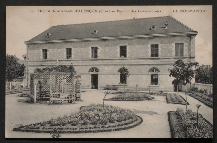Alençon (Orne), Hôpital départemental d'Alençon, pavillon des convalescentes, carte postale ancienne noir et blanc n°12, ELD (Ernest Le Deley) éditeur, [date cliché : ], sd, (14x9), AMA.