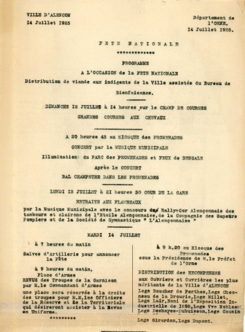 Fête nationale du quatorze juillet 1925, organisation par la commission des fêtes : correspondance, affiche,programme, flyer, enveloppes YMCA, bons de consommation.