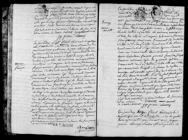 Acte de naissance de SAILLANT Joachin Muguet enfant naturel (26 avril 1794),acte de naissance de MERCIER François (26 avril 1794),acte de naissance de DIEURAY Marie Charlotte (27 avril 1794),acte de naissance de JACQUET François Hyacinthe (1er avril 1794).