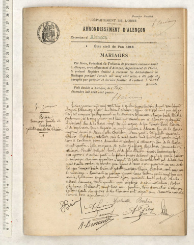 Registre des actes de mariage (5 janvier 1916 - 21 décembre 1916).