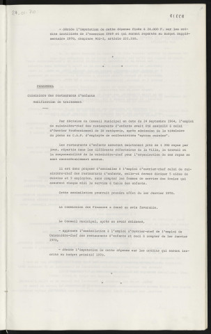 Voirie, création d'une voie d'accès provisoire au chantier P.L.R. quartier de la Croix Mercier. Personnel, cuisinière des restaurants d'enfants, modification de traitement.