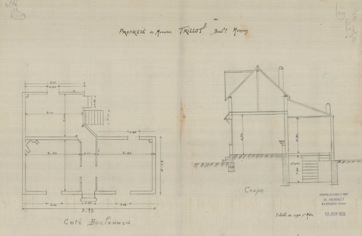 permis de construire n°3, Construction d'une maison d'habitation Boulevard Mezeray Alençon, (date de décision : 24/04/1926-01/05/1926), (auteur du projet, architecte : HENRIET (entrepreneur)).