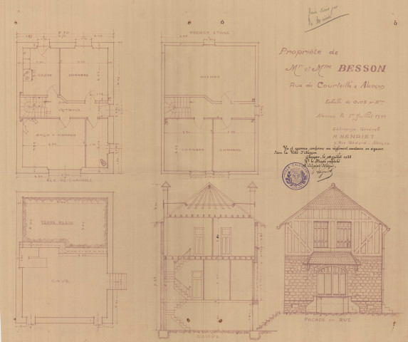 permis de construire n°16, Construction d'une maison d'habitation Rue Courteille Alençon, (date de décision : 1933), (auteur du projet, architecte : HENRIET (entrepreneur)).