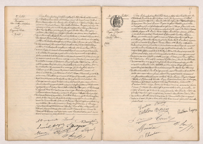 Acte de mariage de BOURGINE Léon Arthur Alphonse et LUNEL Marguerite Louise (27 juillet 1909), Acte de mariage de CHATELIN Eugène Auguste et BOIVIN Léontine Marie (30 juillet 1909).