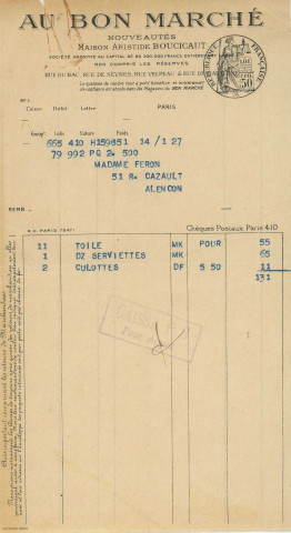 Factures du magasin du Gagne-Petit, maison Pierre Romet, du magasin Au Bon Marché, Maison Aristide Boucicaut, du magasin Au Gros Chêne, Maison Paul Picard