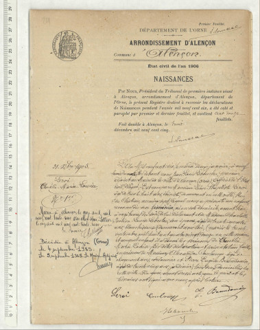 Acte de naissance de EVANNO Marcel Victor (10 septembre 1906), acte de naissance de BLANCHARD Henri (9 septembre 1906), acte de naissance de JOUSEAU Suzanne Jeanne (11 septembre 1906), acte de naissance de ALBERT Emile François Georges (11 septembre 1906).