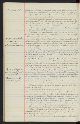 Circulation nocturne et l'amarrage des bateaux, demande de M. DORE. Liste des personnes inscrites au Bureau de Bienfaisance, pharmacie de l'Hospice, demande de M. DORE. Assistance médicale gratuite, admissions nouvelles. Assistance obligatoire aux vieillards infirmes et incurables, admissions nouvelles et mutations diverses