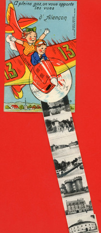 Alençon (Orne), "à pleins gaz, on vous apporte les vues d'Alençon", carte postale humoristique à système couleur n°99, Artaud père et fils, éditeur, Nantes, éditions Gaby,sd, (14x9), AMA.
