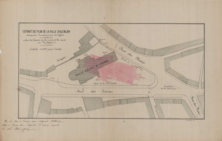 Extrait du plan de la Ville d'Alençon indiquant l'emplacement de l'église à construire, entre les limites de la voirie et les murs du presbytère (éch: 1/500, 39.5 x 31.5 cm, 15/10/1879), imprimerie Eugène de Broise.